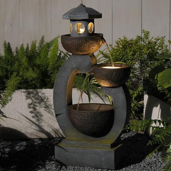 Tankana 36 inches Garden Water Fountain Outdoor Zen Pagoda Japaness Modern Tranquil Waterfalls Fountains Bowl with LED Lights & Pump for Patio Yard Porch Deck Home Decor Gray