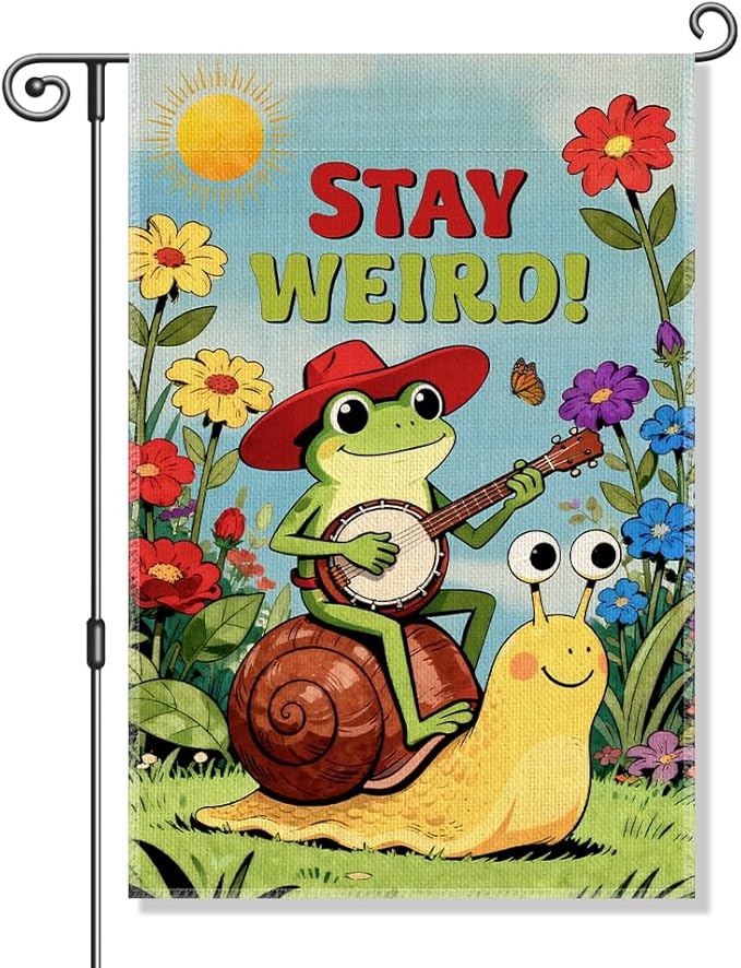 Stay Weird Funny Garden Flag, Hippie Frog Snail Flag, Boho Kindness Peace LGBTQ Resist Equality Inclusive Yard Sign, Spring Summer Welcome Yard Farmhouse Community Lawn Liberal Outdoor Decor