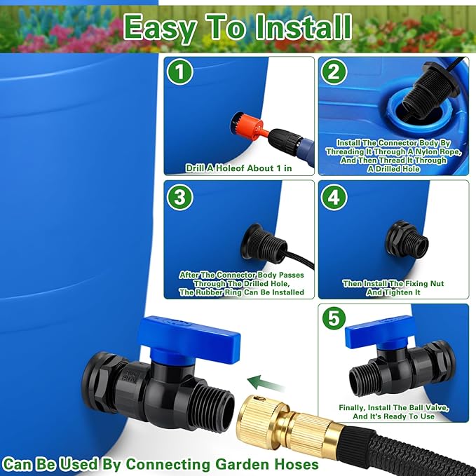 Rain Barrel Spigot Kit 2 Pack, 3/4" GHT PVC Bulkhead Fitting with Ball Valve, Garden Hose Shut Off Faucet for Rain Barrel, Water Tank, Aquarium and Garden Barrel