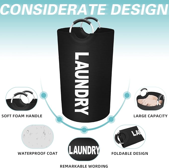 90L Large Laundry Basket, Dirty Clothes Waterproof Laundry Hamper, Black | Collapsible Laundry Basket with Foam Protected Aluminum Handles for Laundry Dorm Family, Black Dirty Clothes Hamper