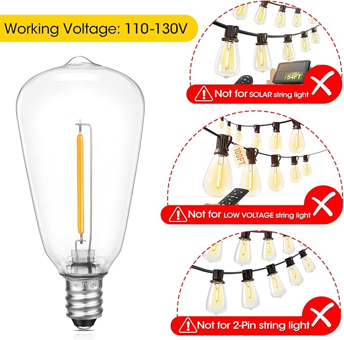 VISTERLITE E12/C7 Base LED Replacement Bulbs for ST38 Outdoor String Lights - Not Solar, Vinatge 1W LED Shatterproof Bulb, Warm White 2200K, 50 Pack