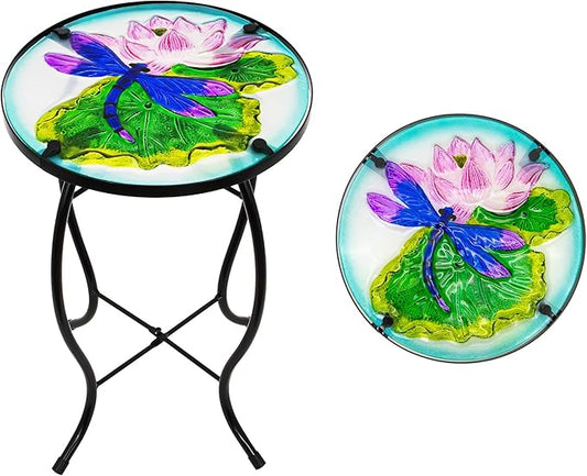 Lotus-Leaf Dragonfly Small Patio Table,Outdoor Side Bar Table, 10 Inch Metal Glass End Table for Porch Garden Yard Pool Living Room Mother's Day Decor, Mother's Day Decoration Gift