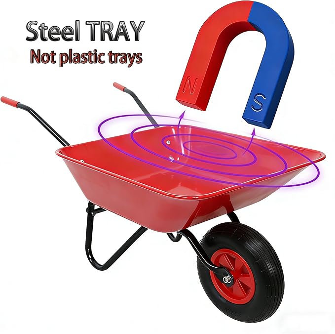 Steel Tray Wheelbarrow Heavy Duty Garden Cart with 12 Inch Pneumatic Wheel, 220lbs Capacity Lightweight Yard Cart Wheelbarrow for Landscaping, Residential Gardening, Red (Red)