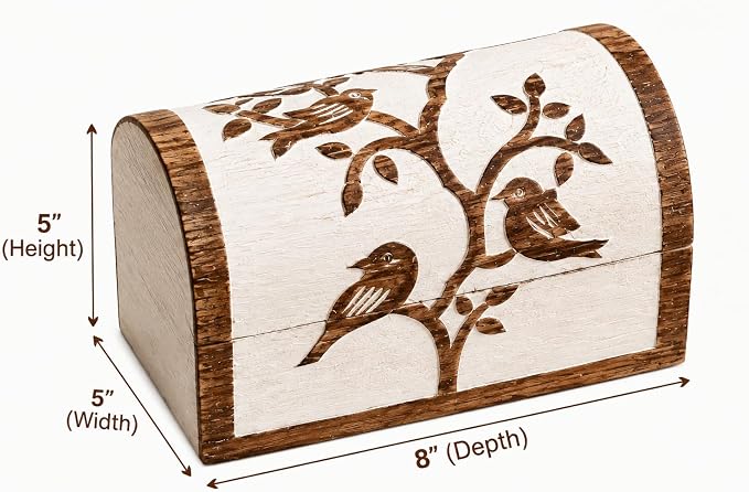 Premium Handmade Wooden Treasure Chest Decorative Trunk for Keepsakes Semicircular Curved Floral Jewellery Box Trinket Box Ladies Jewellery Storage Case Handcrafted Home Decor (Bird Design)