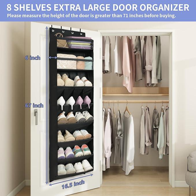 1 Pack 8 Shelves Over The Door Shoe Organizer, 68" Exlarge Deep Pockets | Hanging Shoe Organizer, Shoe Rack for Closet, Shoe Holder for Boots, Sneakers, Heels, Over Door Organizer in Home, RV, Black