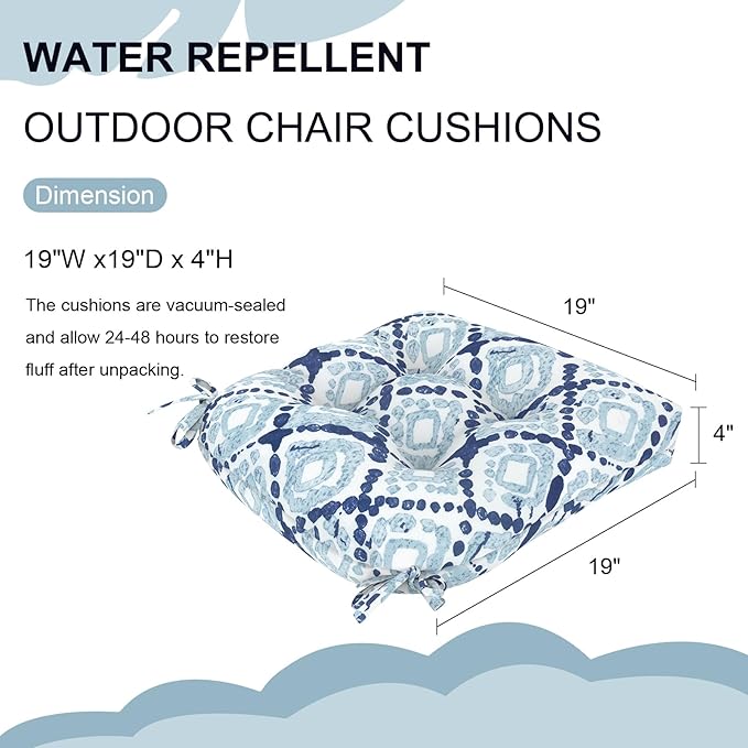 DYTXIII Set of 2 Outdoor Chair Cushions 19"x19"x4", Water Repellent Tufted Patio Seat Cushions with Ties, Thick Replacement Pads for Wicker Dining Chairs, Patio Furniture, Boho Geometry Blue