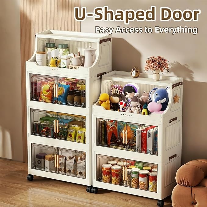 217QT Stackable Storage Bins with Lids & Rack, 5 Tier Large Capacity Foldable Storage Cabinet, Clear Collapsible Pantry Organizer for Home, Kitchen, Bathroom, Dorm, Office, Clear