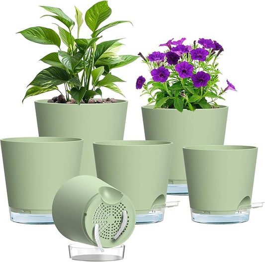 Meowell Self Watering Pots Pack of 6 – Different Size 4" to 7" Indoor Plant Pots with Drainage Holes and Clear Reservoir for Visible Water Level, Plastic Wicking Planters for House Plants, Green