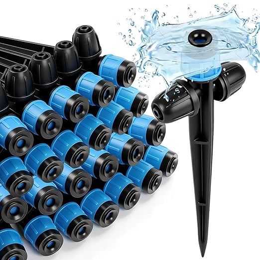 26pcs Two-Way Drip Emitters Fan Shape with Stake for 1/4" Irrigation Tubing, Adjustable 360 Degree Water Flow Irrigation Vortex Sprayer Garden Irrigation Dripper for Watering System
