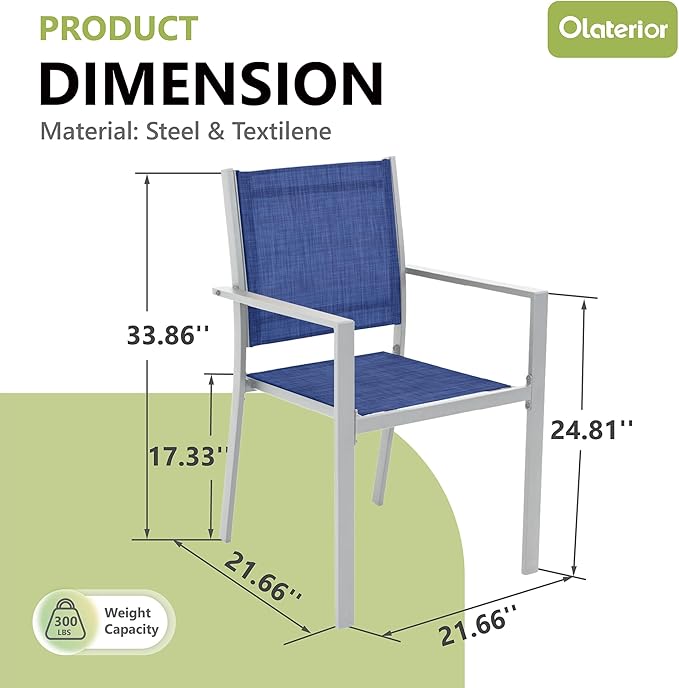 Patio Dining Chairs, All-Weather High-Resilience Textilene Outdoor Dining Chair Set of 2, Heavy-Duty Stackable Minimalist Outdoor Chairs with Armrest, Patio Chairs for Lawn Deck Pool, Blue and White