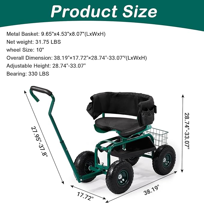 VINGLI Garden Cart with Soft Rolling Seat, Wheels, Adjustable Steering Handle & Utility Tool Tray, Planting Wagon Scooter, Gardening Tool for Senior, for Patio, Backyard, Lawn & Outdoor, Green
