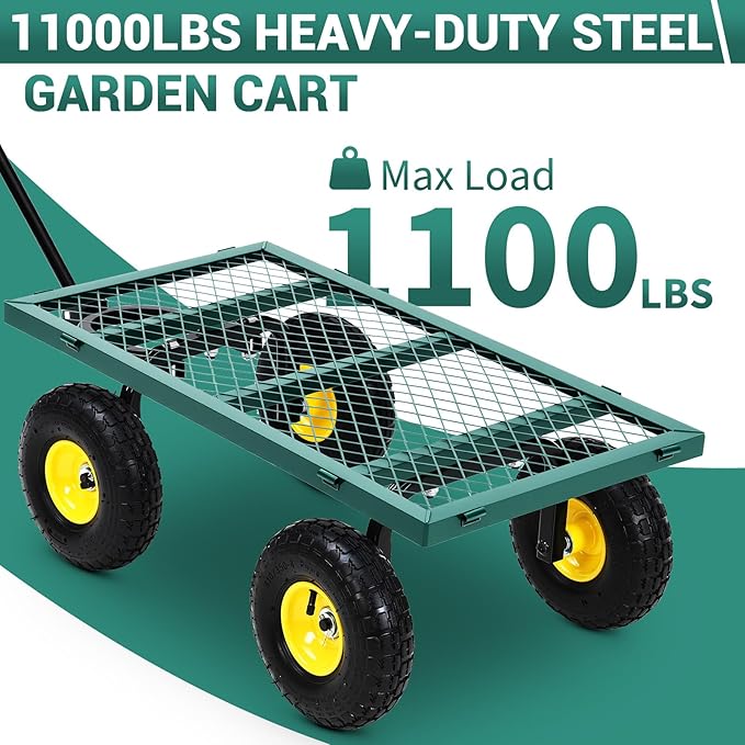 Garvee Steel Garden Cart, 1100 LBS Heavy Duty Metal Garden Wagon with 10" Wheels, Metal Push Wagon with 180° Rotating Handle and Removable Sides for Farm, Yard