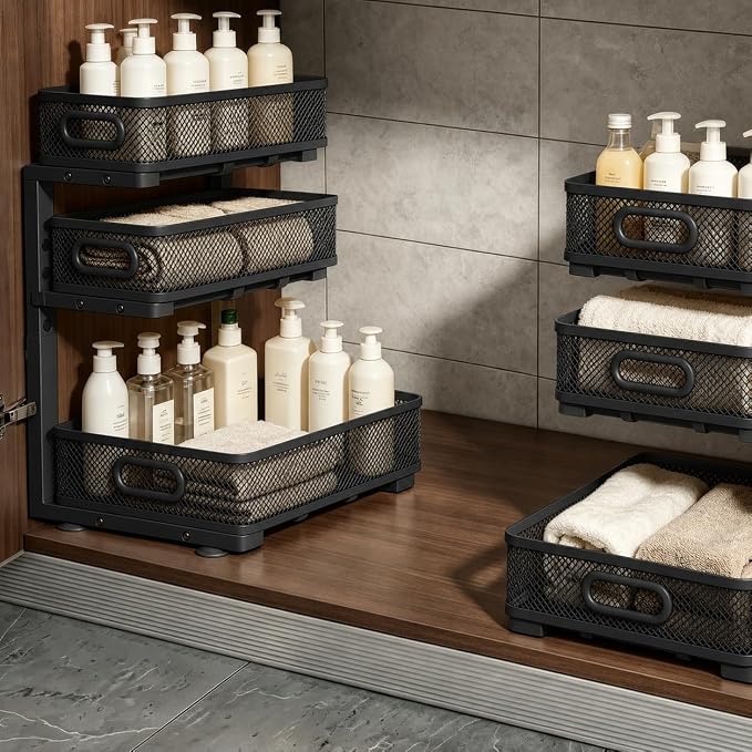 1 Pack 3 Tier Under Sink Organizer with Pull Out Drawer, Height Adjustable Heavy Duty Metal Under Cabinet Organizer, Smooth Sliding Storage Shelf for Kitchen, Bathroom Cabinet Organization, Black