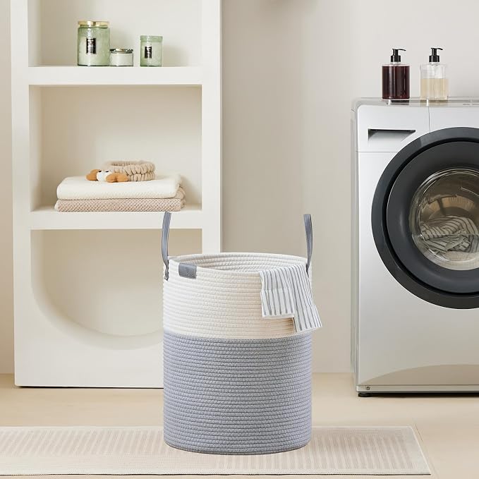VIPOSCO 53L Tall Woven Rope Laundry Hamper, Leather Handles, Grey & White | Large Wicker Laundry Basket for Dirty Clothes, Blanket, Toy, Towel, Yoga Mat, Storage Bin in Bedroom, Bathroom, Living Room