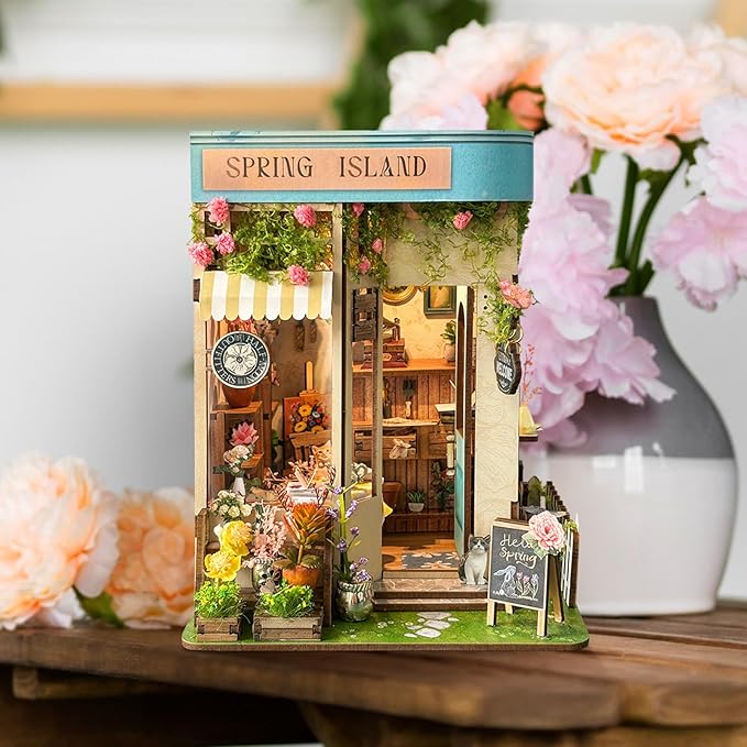 Book Nook Kit - DIY Miniature House Kit for Adults, Teens & Beginners, Spring Flower Shop Dollhouse Booknook Tiny House Bookshelf Decor 3D Wooden Puzzle, Gifts for Family, Friends