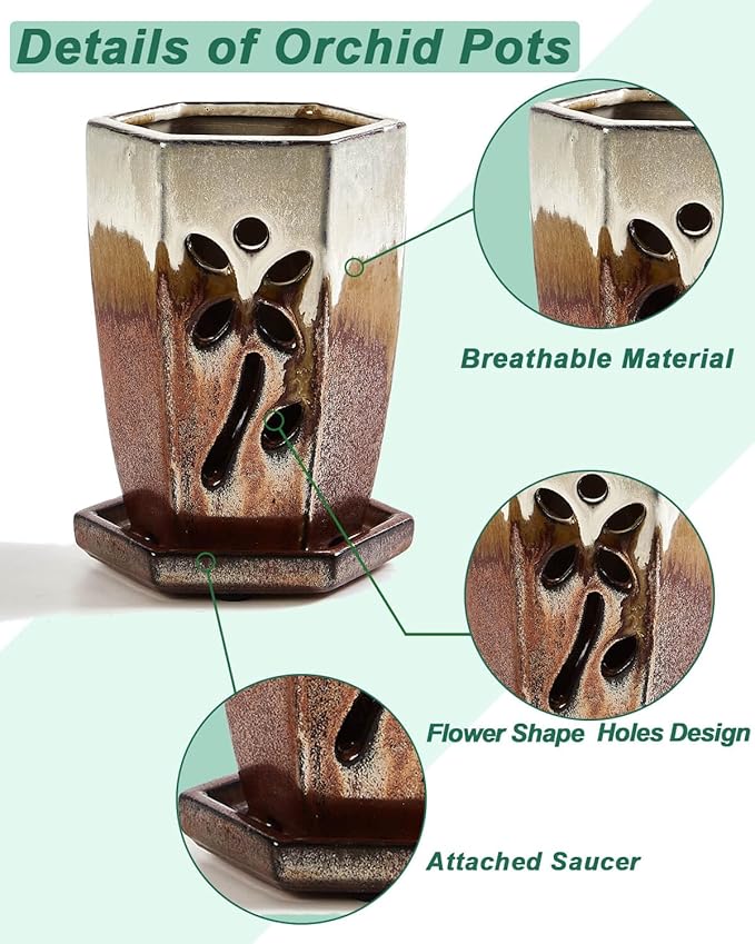 vensovo 4 Inch Ceramic Orchid Pot with Holes and Saucer, 1 Pc Small Hexagon Succulent Planter for Repotting, Garden Flowerpot for Indoor Outdoor Plants, Promotes Air Circulation (Brown Mixed)