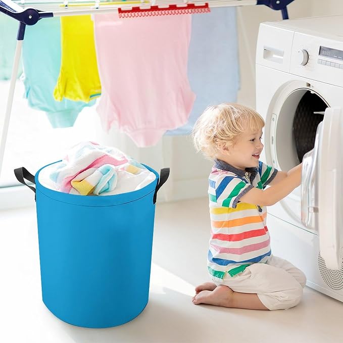 Large Laundry Hamper Bag, Sky Blue Trend Color Collapsible Laundry Basket with Drawstring Dirty Clothes Organizer Washing Bin for Family Essentials Storage