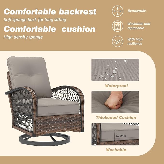 MELLCOM 3 Pieces Patio Furniture Set, Outdoor Swivel Rocker Patio Chairs, Wicker Patio Bistro Set with Rocking Chair, Thickened Cushions and Glass Coffee Table for Backyard, Garden, Grey