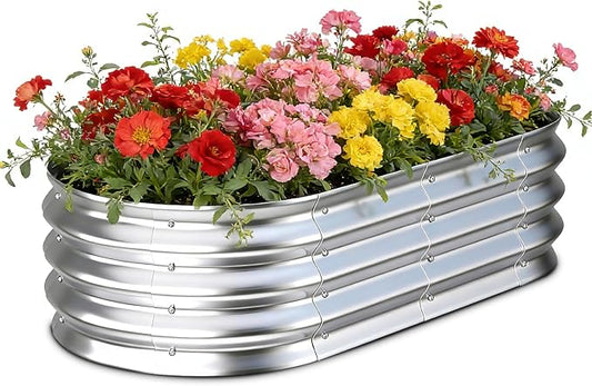 Galvanized Raised Garden Bed Outdoor, 4x2x1ft Metal Heavy Duty Planter Boxes for Gardening, Easy Assemble Bottomless Small Oval Plant Container Kit for Vegetable, Flower, Fruit, Silver, 1Pack
