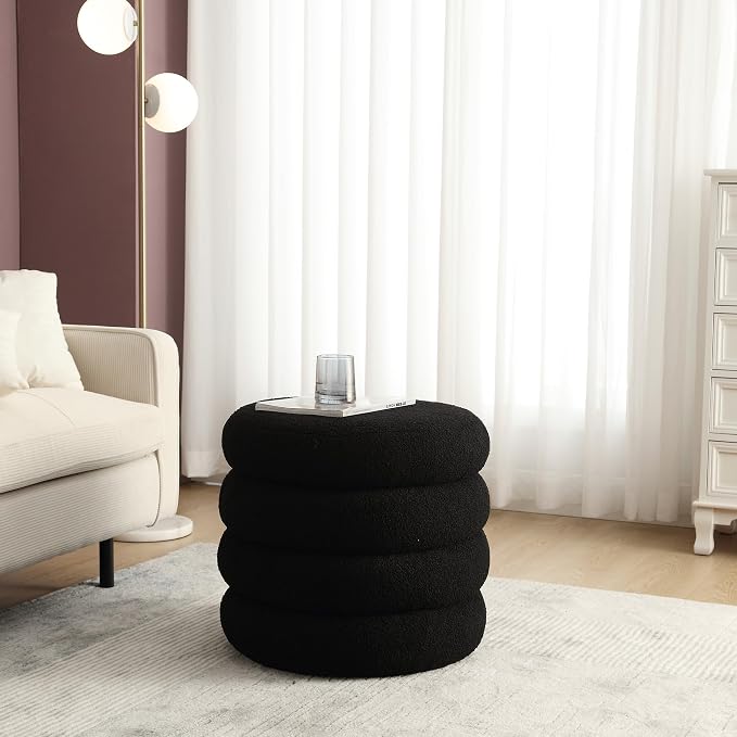 Flouki 19.5" Storage Ottoman Round, Vanity Stools for Bedroom, Entryway Ottoman for Console Table, Ottoman Stool for Girls Women, Foot Stool for Living Room Set of 2, Sherpa Black