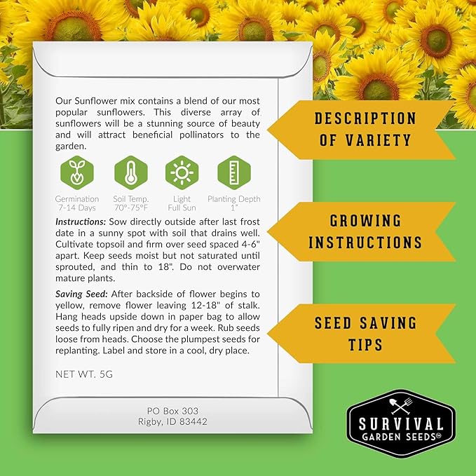 Mixed Sunflower Seeds for Planting | Colorful Blend of Heirloom Varieties for Cut Flowers & Pollinators – Heirloom Non-GMO – Survival Garden Seeds (3 Packs)
