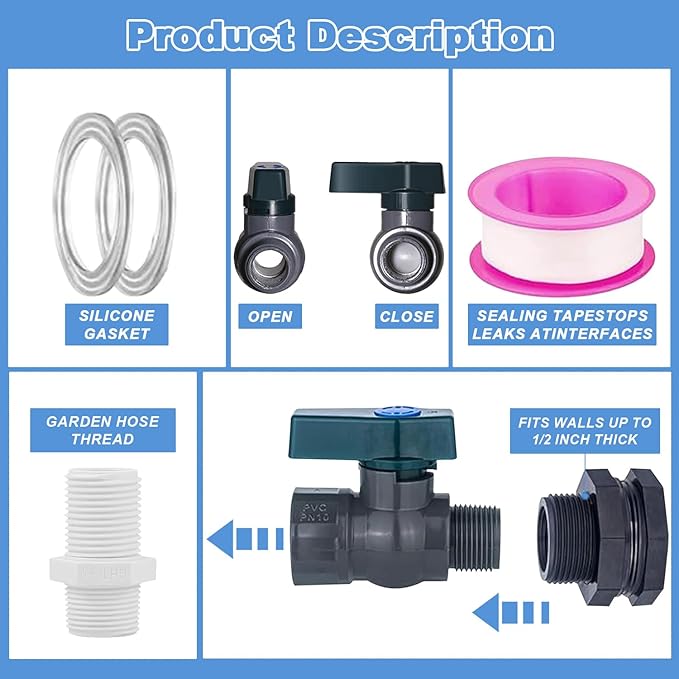 2 Pack PVC Rain Barrel Spigot Kit -3/4" Rain Barrel PVC Garden with Bulkhead Fitting Garden Hose Faucet Adapter and Thread Seal Tape for Water Tanks, Aquariums, Tubs, Pool, Garden Barrel