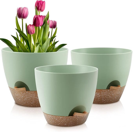 QRRICA Plant Pots 10/9/8 Inch Self Watering Pots, Set of 3 Plastic Planters with Drainage Holes and Saucers,Plastic Flower Pots,Nursery Planting Pot for Indoor Out Door Plants（Green）