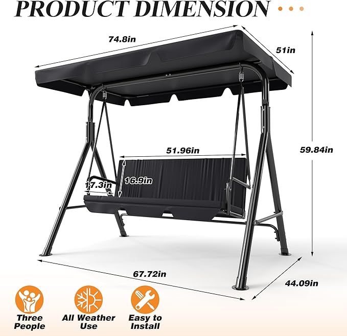 3-Seat Patio Swing Chair,Outdoor Porch Swing with Adjustable Canopy and Durable Steel Frame for Patio, Garden, Poolside (Black)