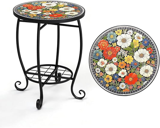 VINGLI Outdoor Side Table for Patio, Small Outdoor Table with Storage Shelf, Heavy Duty Metal Frame Patio Side Table for Outside Balcony Garden Porch