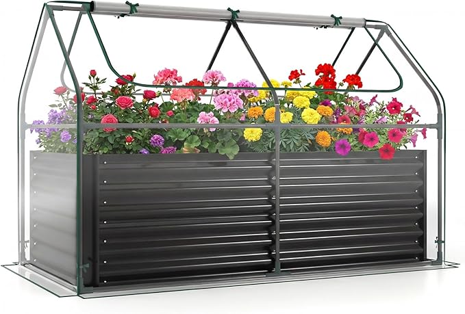 HAPPYGRILL Raised Garden Bed with Cover, Planter Boxes Outdoor w/Mini Greenhouse, 2 Roll-up Windows & Open-Ended Base, Metal Growing Raised Bed for Vegetables (Black, 71” x 36” x 48”)