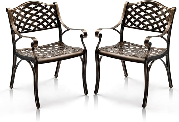 VINGLI Outdoor Dining Chairs Set of 2, Cast Aluminum Patio Chairs, All-Weather Aluminum Outdoor Chairs Patio Furniture for Porch, Bistro, Backyard and Balcony Bronze