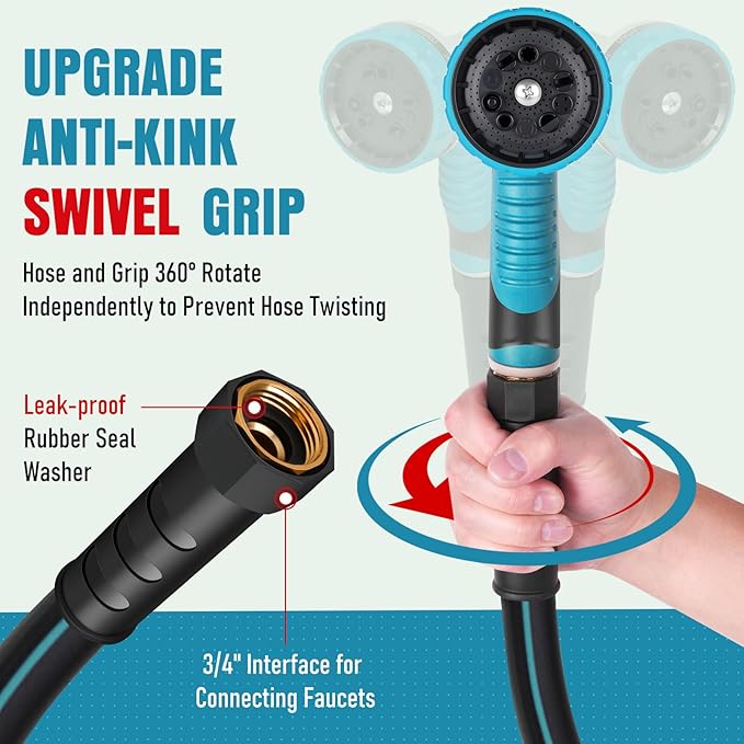 Heavy Duty Garden Hose 75 ft, NON-EXPANDABLE Water Hose with 10 Function Spray Nozzle, Lightweight Kink-less Hybrid Hose with Swivel Handle, Male to Female Fittings