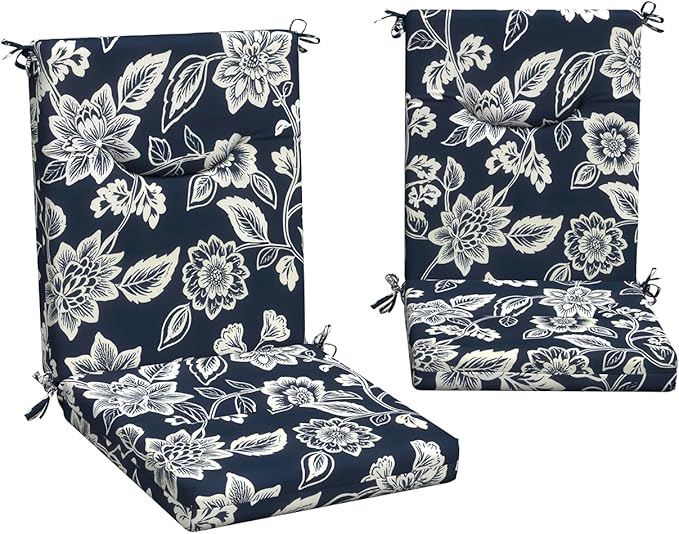 DYTXIII Outdoor High Back Chair Cushions Set of 2, 44x20 in Water Repellent Patio Seat Cushions with Elastic Sponge, All Weather Cushions for Rocking, Dining Chairs, Patio Furniture - Vines Navy