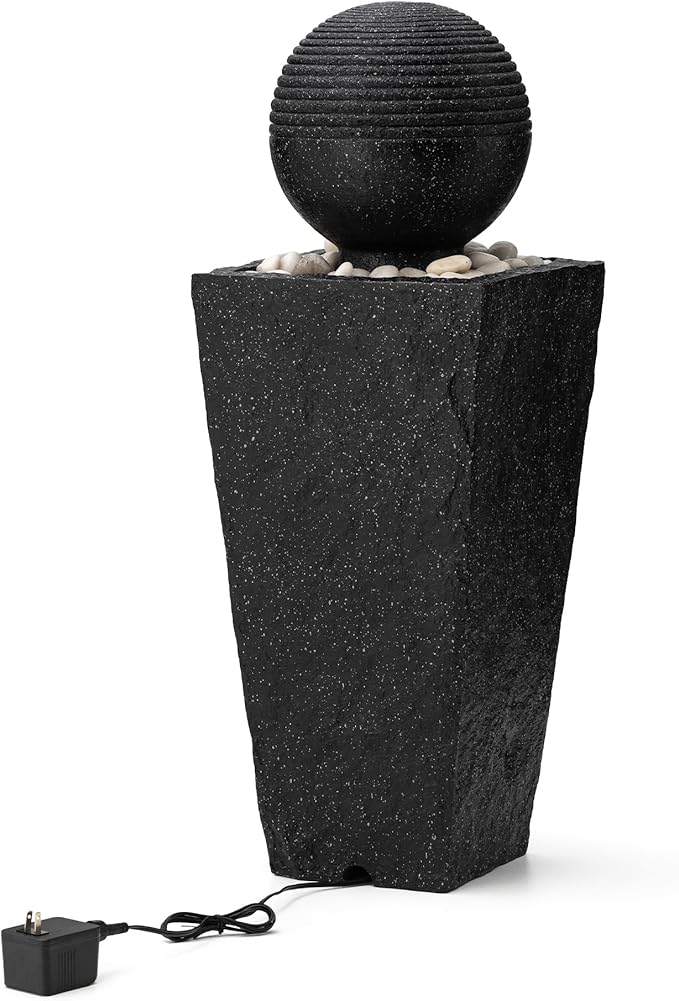 Glitzhome Outdoor Water Fountain, 31.75"H Modern Geometric Pedestal and Sphere Polyresin Waterfall Fountain, Outdoor Fountain with Pebbles, Pump and LED Light for Patio, Backyard, Garden, Deck(Black)