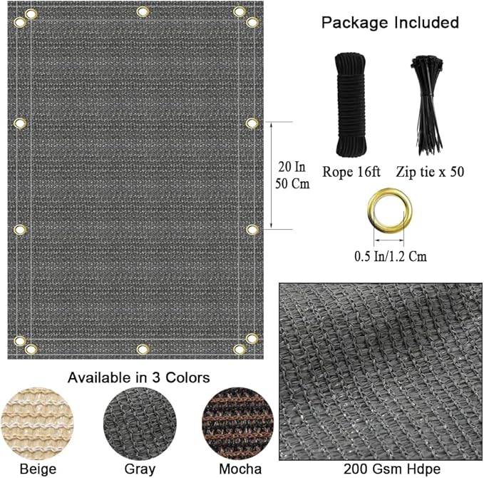 90% Sun Shade Cloth, 6x15 FT Pergola Shade Patio Cover, UV-Resistant, Breathable Sunshade Screen Fabric for Outdoor, Camping, RV, Garden, Deck, Porch, Backyard (Gray)