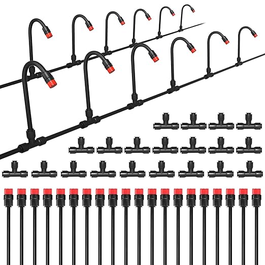MIXC 20pcs 360° Adjustable Drip Irrigation Stream Emitters for 1/4" Drip Irrigation Tubing, Only 20pcs Push-to-Connect Drip Emitters and Quick-Connect Three-Way Tubing Fittings