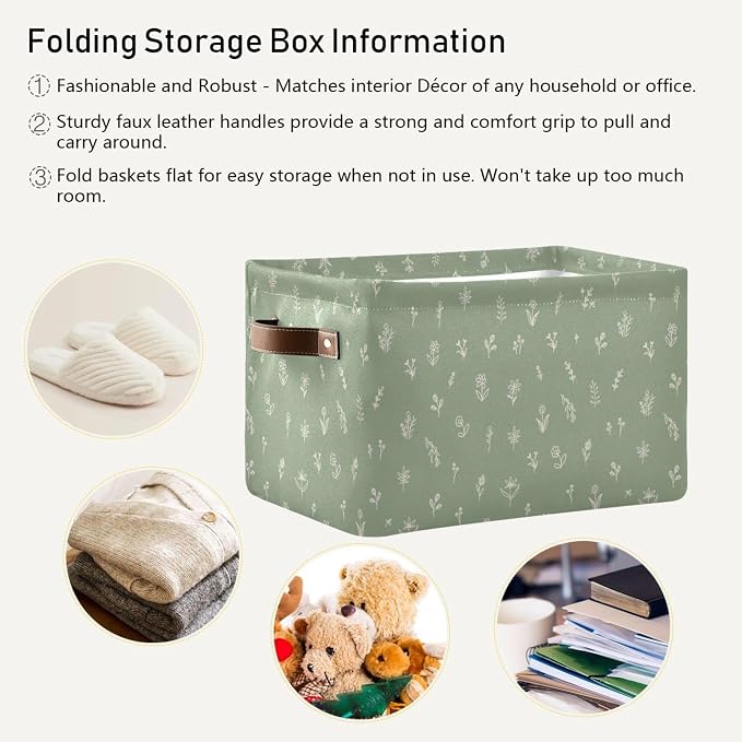 Wamika Sage Green Leaves Storage Basket with Waterproof Liner and PU Handles Floral Doodle Pattern Storage Bins Boxes 14.2" Collapsible Decorative Organizer Baskets for Bedroom Closet Office 2 Pack