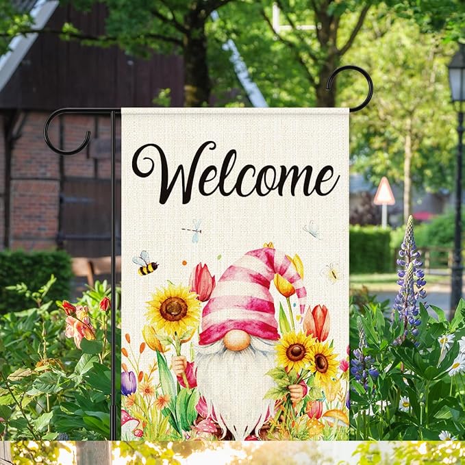 Welcome Flags for Outside,Spring Floral Gnome Garden Flag for Yard Patio Lawn Decoration,12x18 Inch Double Sided