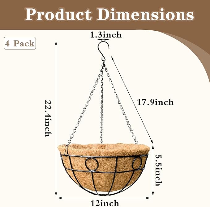 EIMQUVW Outdoor Hanging Planter Set (4 Pack) Durable Hanging Baskets with Coconut Fiber Lining and Chain 12 Inch Black Round Metal Flower Pots for Spring Summer Indoor and Outdoor Decorating