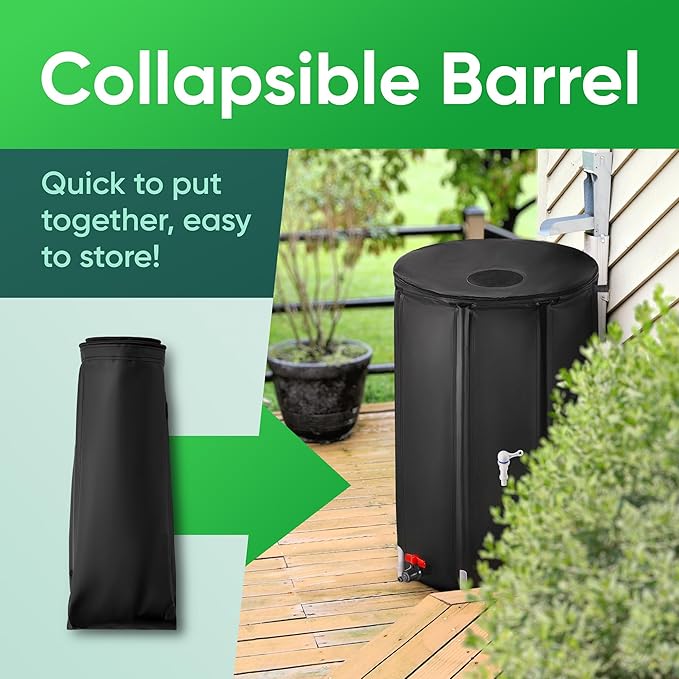 Rhino CLEARMATE Collapsible Rain Barrel | 53-Gal Extra-Stable Rainwater Collection System | Portable Rain Barrels to Collect Rainwater from Gutter| Heavy-Duty Rain Catcher
