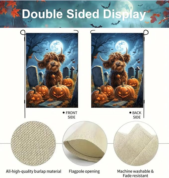 Happy Halloween Garden Flag 12x18 Double Sided, Small Burlap Holiday Graveyard Pumpkin High Cow Garden Flags for Outside Halloween Decorations Outdoor Yard Lawn Porch Décor
