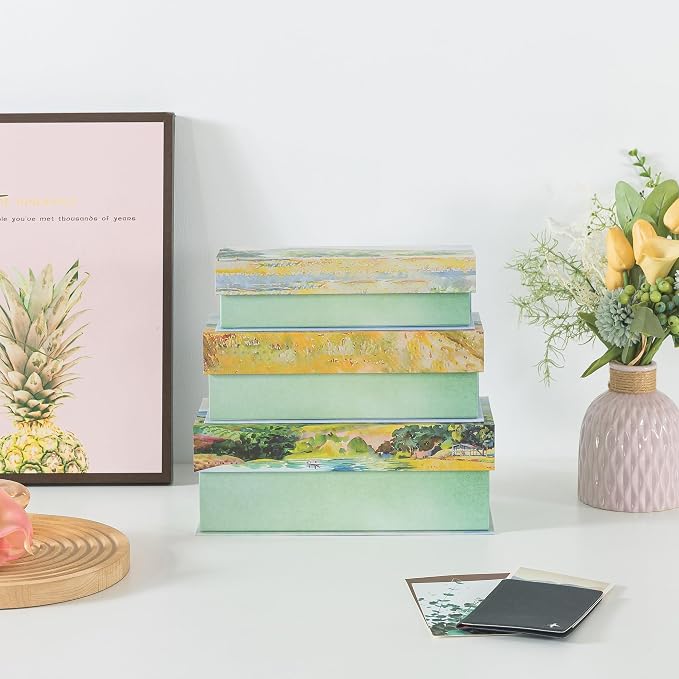 Soul & Lane Decorative Storage Boxes with Lids, Pastoral Tranquility | Set of 3, Cardboard, Magnetic Closure, For Home Décor & Documents, Memory Organizers for Keepsakes & Photos