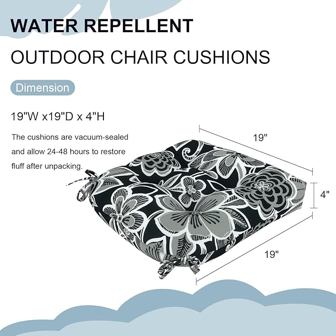 DYTXIII Set of 2 Outdoor Chair Cushions 19"x19"x4", Water Repellent Tufted Patio Seat Cushions with Ties, Thick Replacement Pads for Wicker Dining Chairs, Patio Furniture, Flower Black