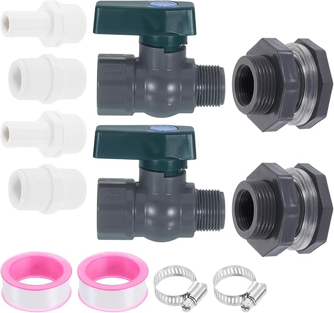 uxcell 2Set Rain Barrel Faucet Kits, Plastic Rain Barrel Spigot with 3/4" GHT Bulkhead Fitting, Garden Hose Adapter and Thread Seal Tape for Water Tank Aquarium, Gray