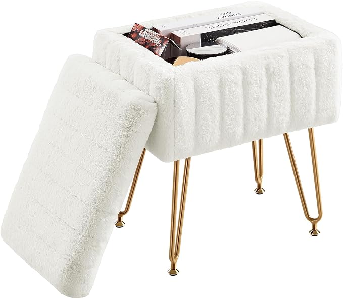 DUMOS Vanity Stool Chair Ottoman with Storage, Makeup Cute Soft Small Footstool Modern Style Faux Fur Seat with 4 Metal Legs & Adjustable Feet for Dressing Living Room Bedroom Dorm