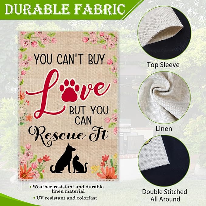 Hafhue You Can't Buy Love But You Can Rescue It Garden Flag, 12 x 18 Inch Double Sided Pet Rescue Yard Garden Lawn Patio Decor Flag, Adoption Awareness Outdoor Banner for Pet Lover Animal Rescuer