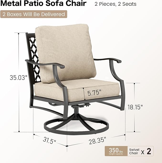 SUNSHINE VALLEY Metal Frame Outdoor Patio Swivel Chairs Set of 2 with 5.75" Extra Thick Cushion, 2 Piece High Back Swivel Patio Chairs Outdoor Furniture Seating for Deck Balcony Front Porch, Beige
