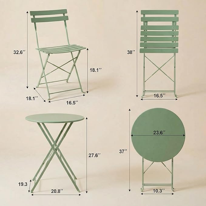 GarveeHome 3-Piece Foldable Bistro Set, Outdoor Patio Furniture with 2 Folding Chairs & 1 Table, Weather-Resistant Indoor/Outdoor Conversation Set for Patio, Green