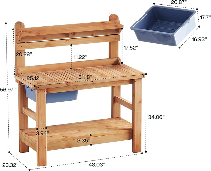 Jocisland Solid Fir Wood Outdoor Potting Bench Table with Large Tabletop, Heavy-Duty Garden Workstation with Removable Plastic Bin, Multi-Level Storage Shelf, Easy Assembly for Patio, Yard & Gardening
