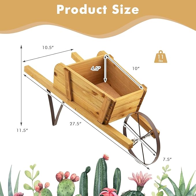 HAPPYGRILL Wooden Wagon Planter, Small Flower Plant Pot w/Triangular Metal Support, 2 Energy-Saving Handles, Movable Wheel, Wood Wheelbarrow Cart Planter for Garden Backyard Holiday (Walnut)